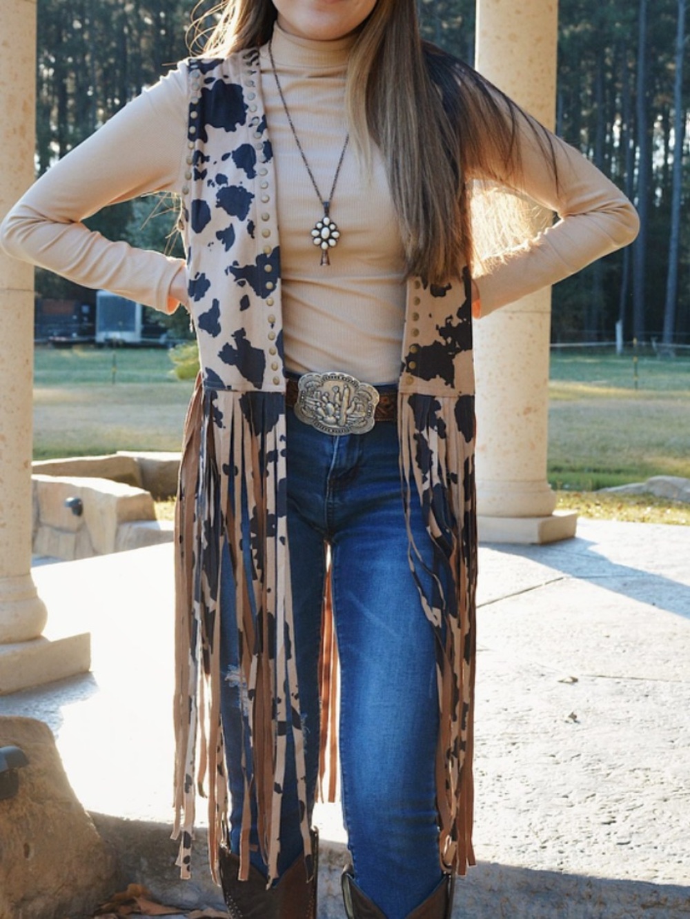 Fashion Express Western Cow Print Fringe Vest Studded Detailing Size Large